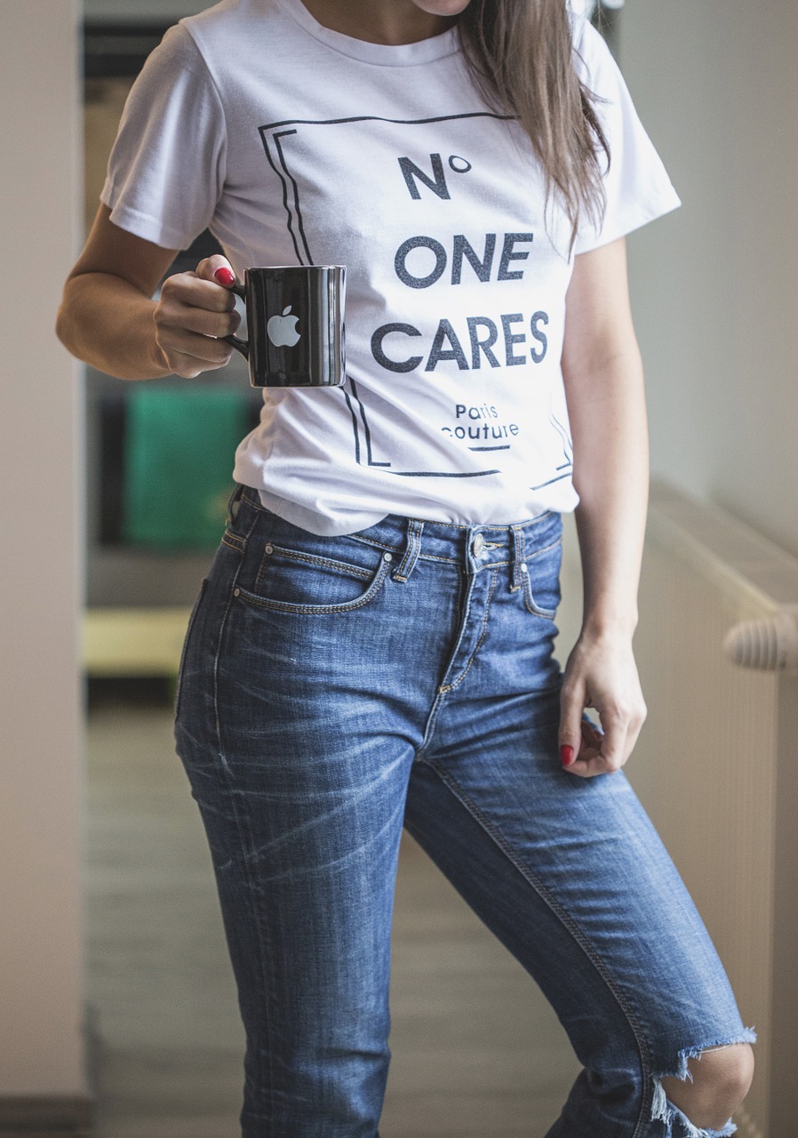 T Shirt Tee White Blue Jeans Woman Model - no on cares slogan t shirts