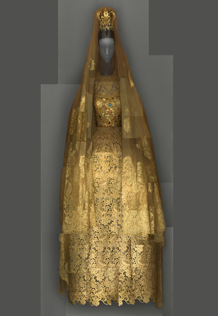 Exhibits in NYC - Heavenly Bodies - Domenico Dolce and Stefano Gabbana for Dolce & Gabbana. Wedding ensemble, spring/summer 2013 alta moda. Courtesy of Dolce & Gabbana. Digital composite scan by Katerina Jebb - fashion and religion - art exhibits - religious exhibits - metropolitan museum of art