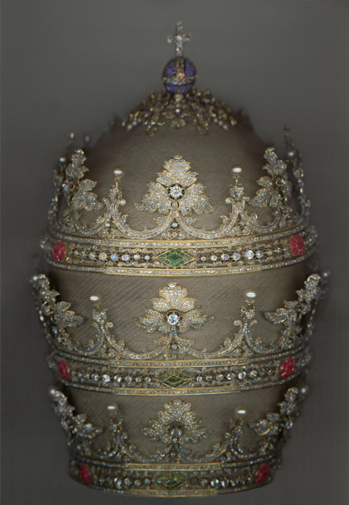 Exhibits in NYC - Heavenly Bodies - Tiara of Pius IX (r. 1846–78), 1854. German and Spanish. Courtesy of the Collection of the Office of Liturgical Celebrations of the Supreme Pontiff, Papal Sacristy, Vatican City. Digital composite scan by Katerina Jebb - fashion and religion - art exhibits - religious exhibits - metropolitan museum of art