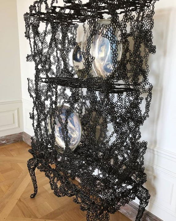 Nomad Monaco 2018 Design & Art Exhibition - @gallery_fumi at NOMAD Monaco 2018 - Engineering Temporality Cabinet @tuomasmarkunpoika Steel - Table Mirrors @simonklenell Hand blown silvered glass - art shows - design shows - contemporary art - contemporary furniture - furniture as art