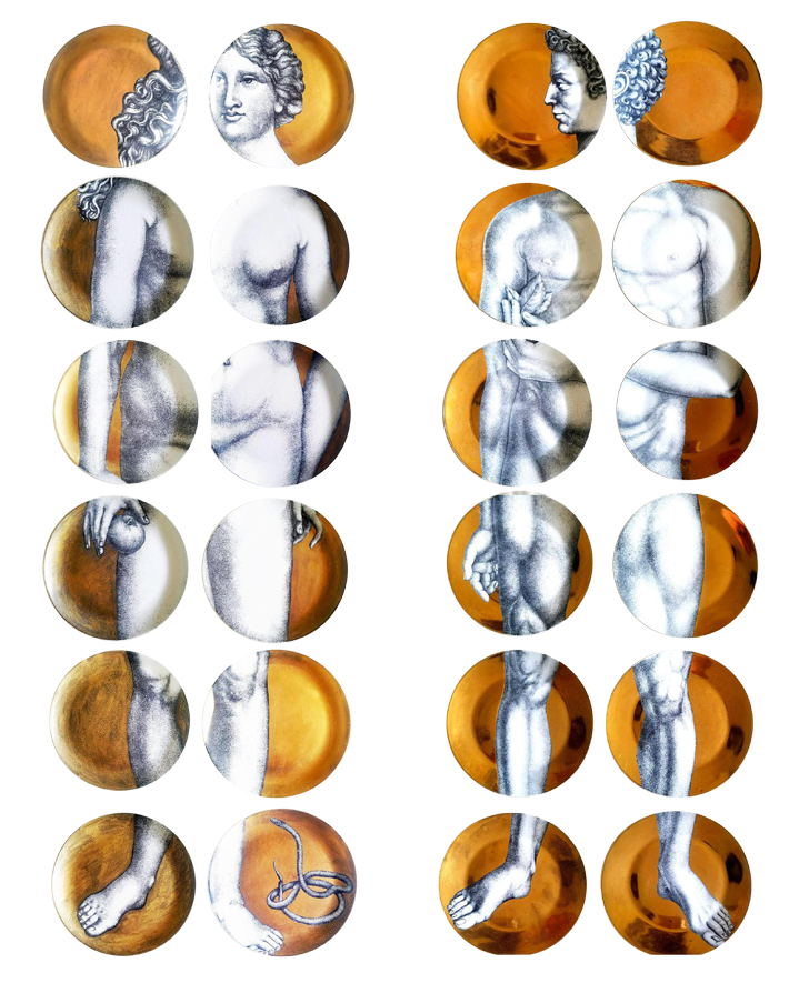 Vintage Piero Fornasetti Gold Adam & Eve Porcelain Plates - vintage plates - vintage art - antiques - fornasetti adam and eve plates - italian designers