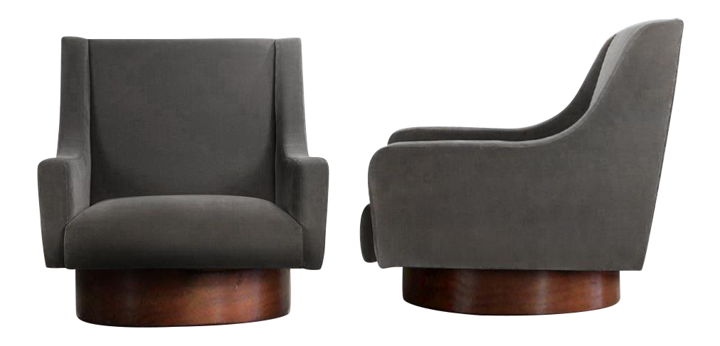 SWIVEL LOUNGE CHAIRS AFTER MILO BAUGHMAN - WALNUT AND CHARCOAL COTTON VELVET - A PAIR from dacaso vintage furniture reproductions - antique reproductions