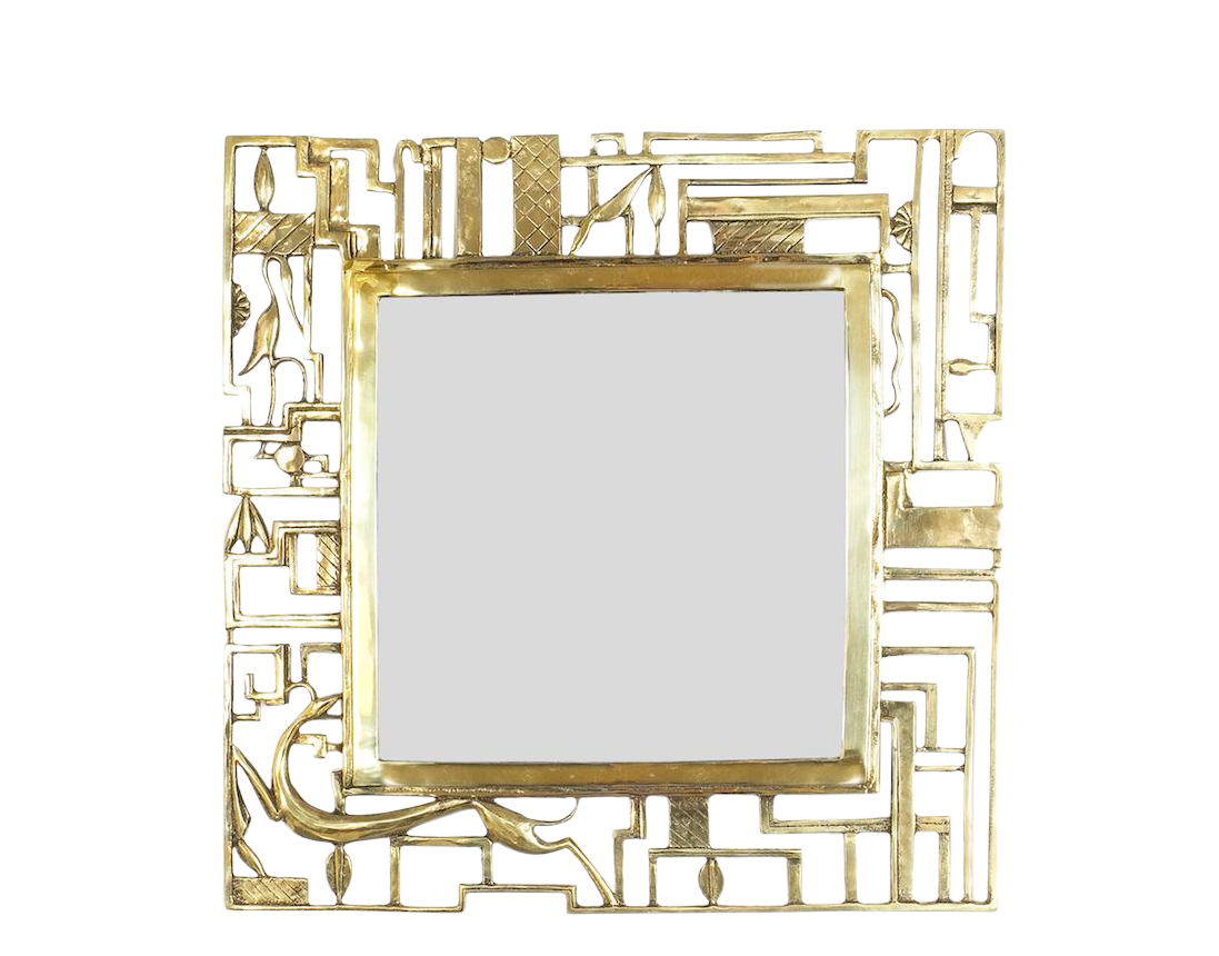 Attr. Karl Hagenauer Brass Wall Mirror, Austria, 1930 - vintage mirrors - vintage furniture - antique mirrors - antiques - antique furniture - square gold mirrors - gold sqaure mirrors