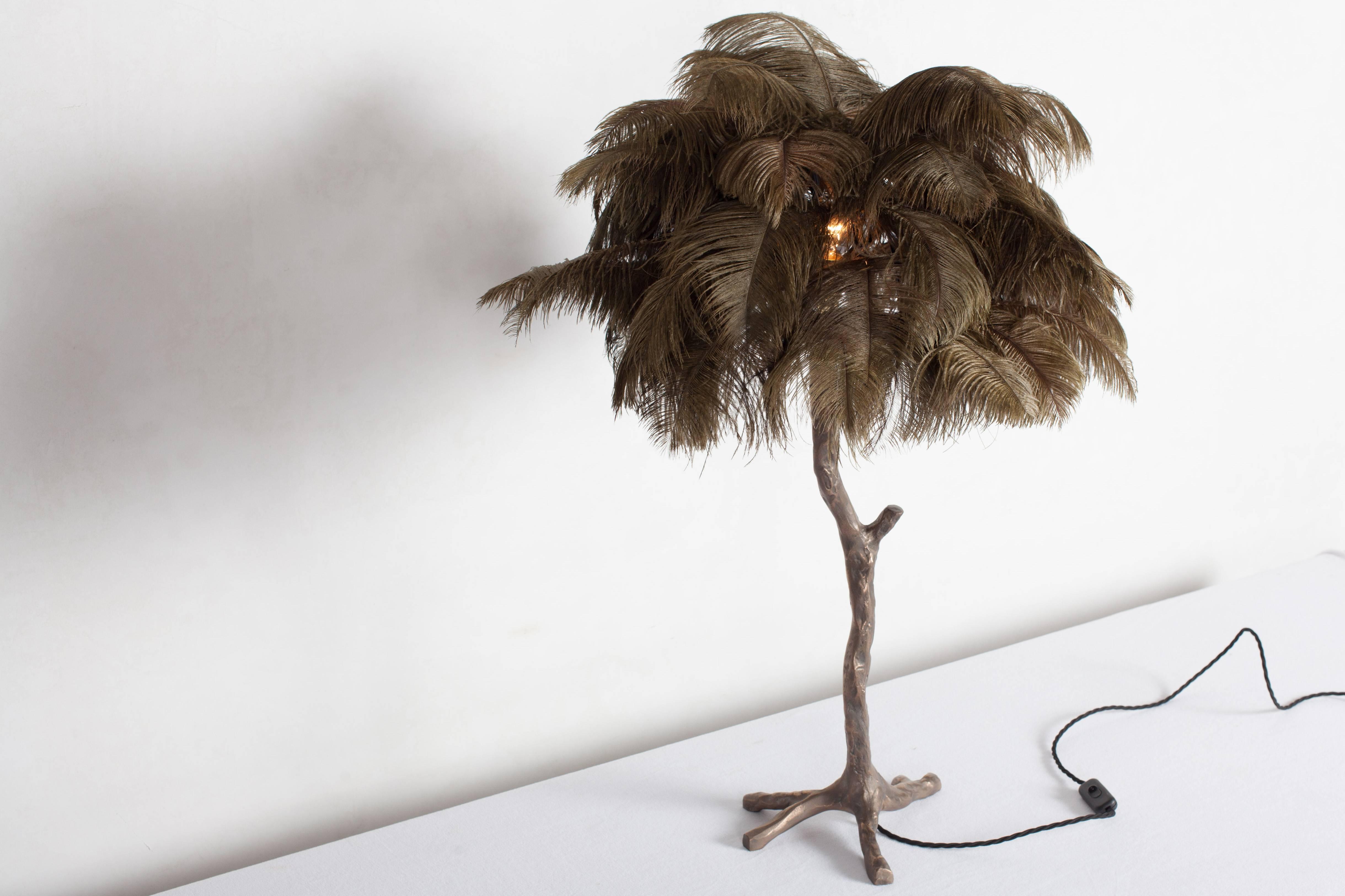 bronze and moss green feathered table lamp from decaso vintage lighting - feathered lamps - feather lamps - vintage furniture - vintage design - unique lighting - unique table lamps - bronze table lamps - nature inspired lighting