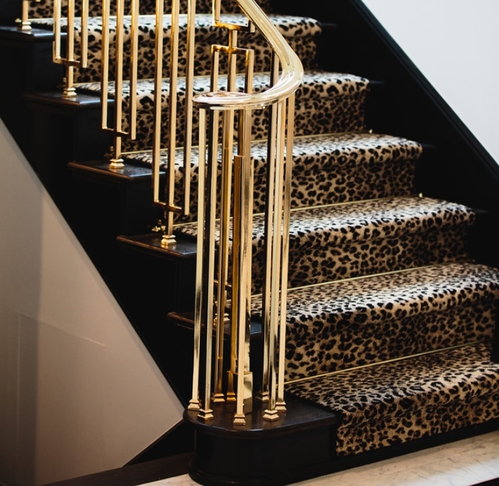 Carrie Livingston, Interior Design, Luxury Homes, Interiors, chic interiors - leopard stairs - brass stair railings - glamorous stairways