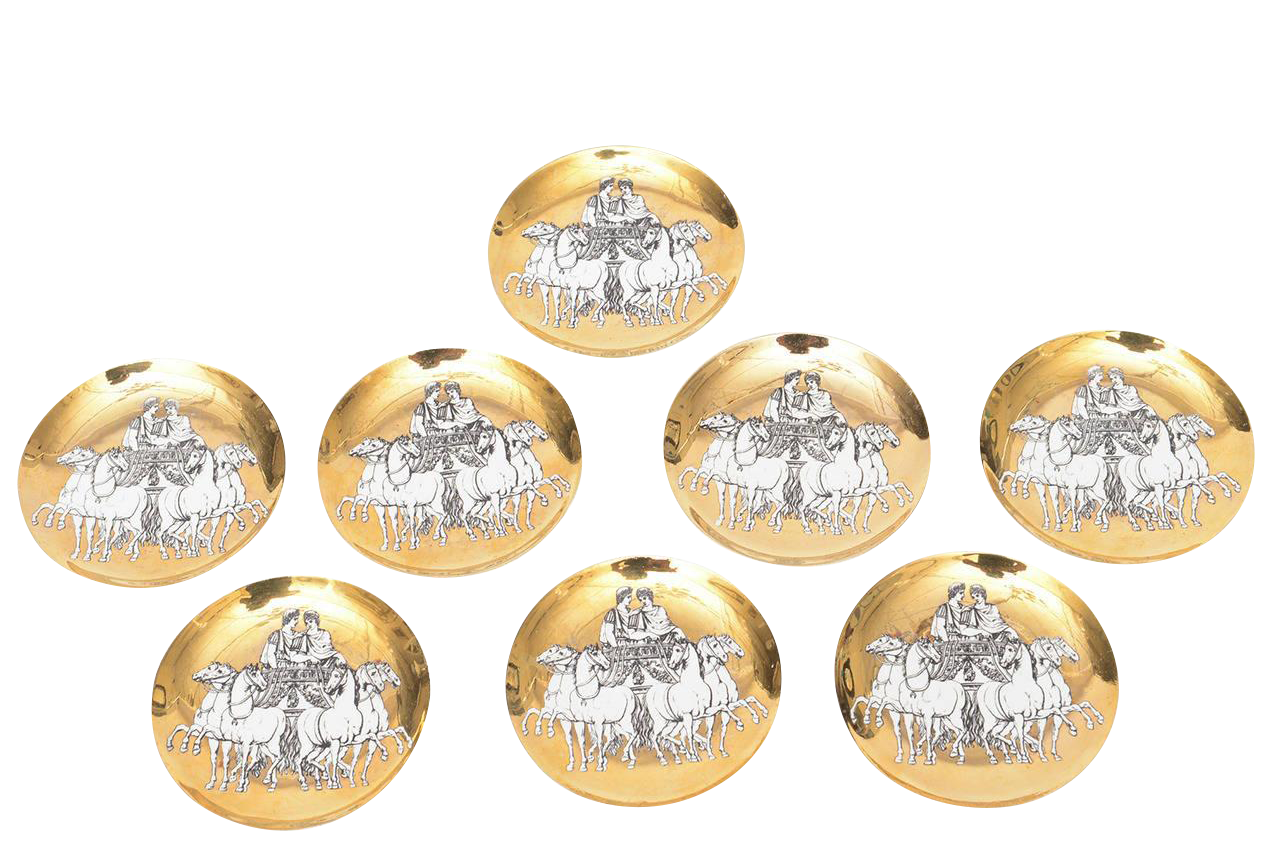 set of eight italian fornasetti gilded porcelain roman chariot coasters 1950s - vintage furniture - vintage decor - antique coasters - decaso