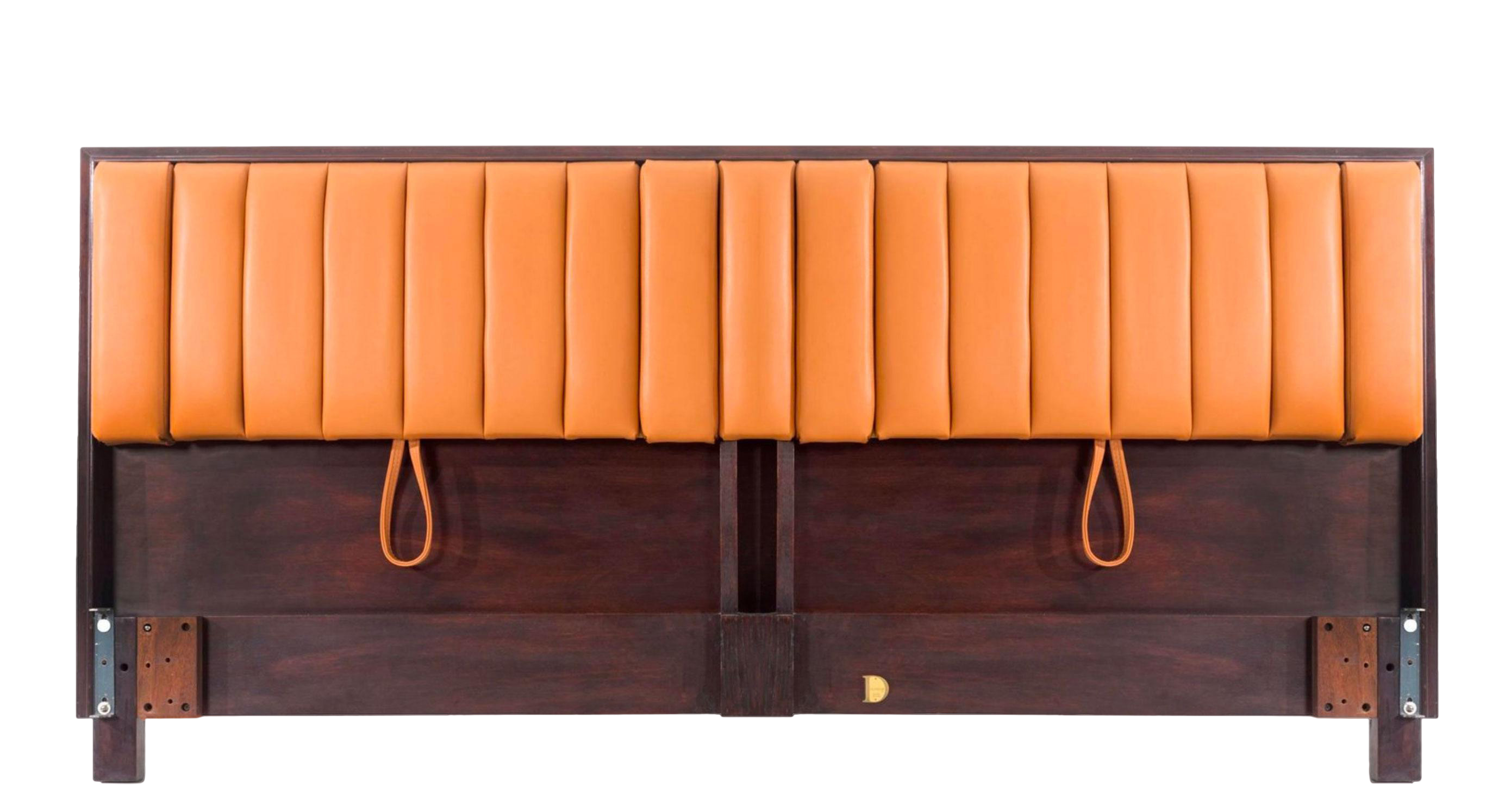edward wormley king size headboard from decaso vintage furniture - vintage beds - modernist beds - modernist furniture - orange and wood headboard - headboards