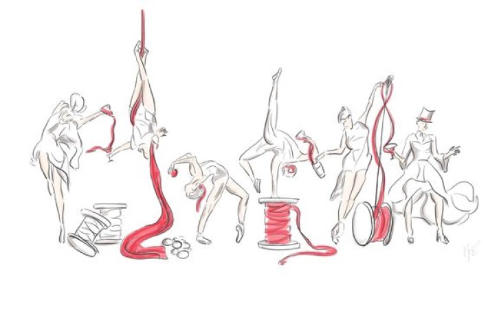 visual storytelling sketch by photographer marco joe fazio of women ballerinas dancing with thimbles of ribbon