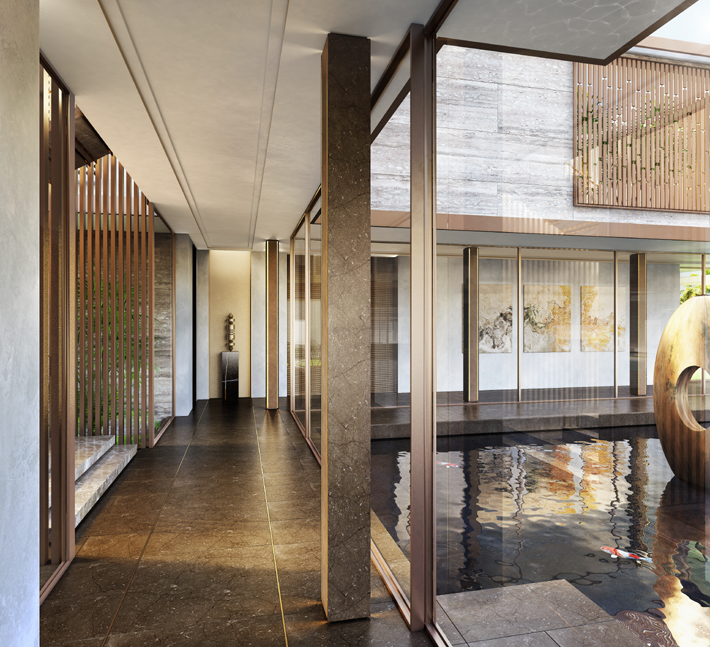 Courtyard koi pond at a luxury villa by HBA Residential in Delhi India