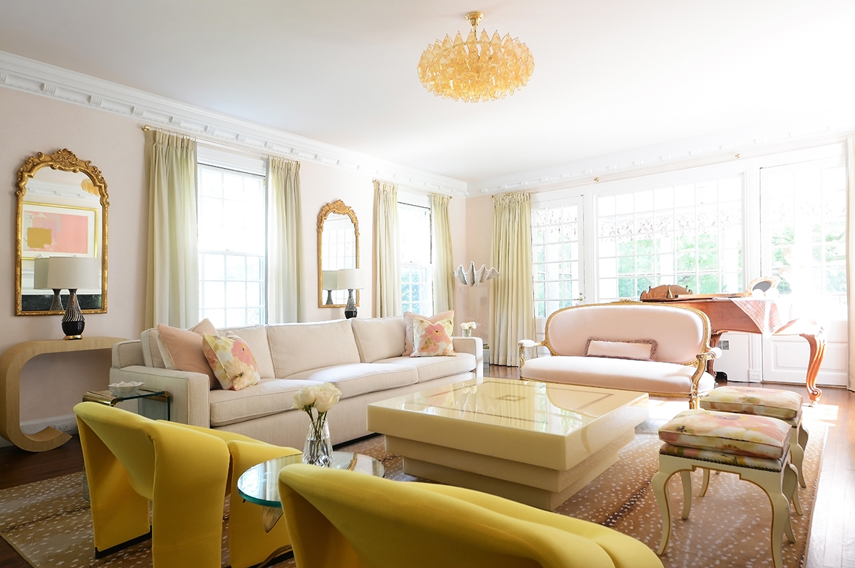 Georgian Home Living Room Design with Soft Pinks and Yellows by Sasha Bikoff Interior Design NYC
