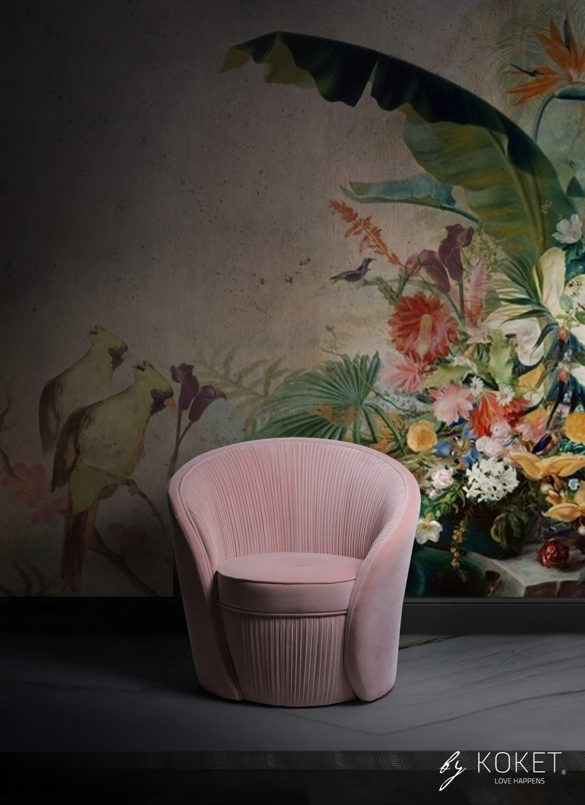 pink chair against a floral wallpaper background - bloom chair by koket - top new year's resolutions