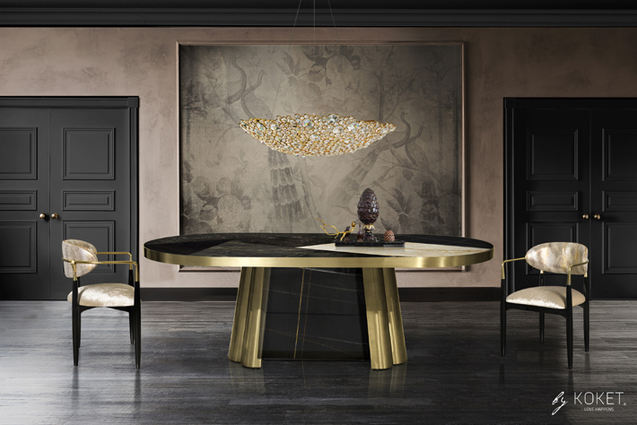 luxurious dining room featuring the brass and marble decodiva dining table, nahema chair, eternity 2 chandelier koket - top new year's resolutions