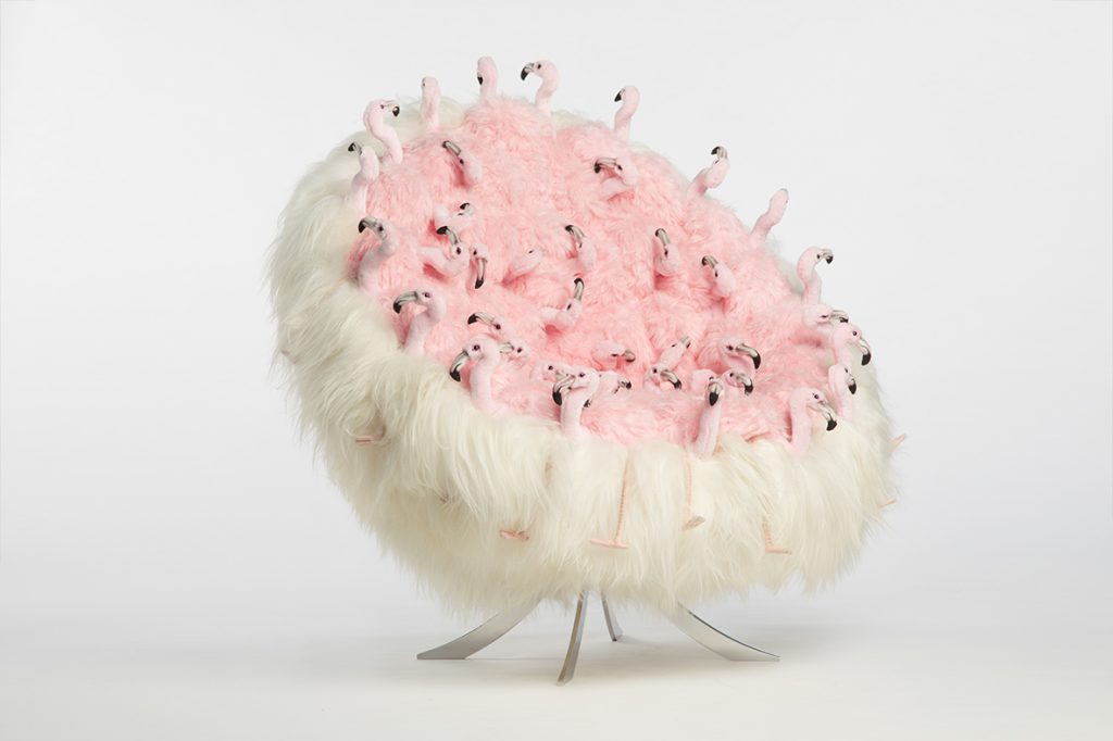 chair with flamingo stuffed animals by ap collection - camp and kitsch furniture