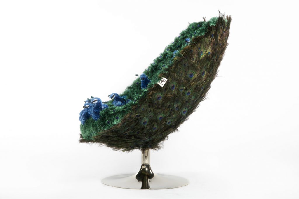 the royal chair by ap collection with stuffed animal peacocks and real peacock feathers - camp and kitsch furniture