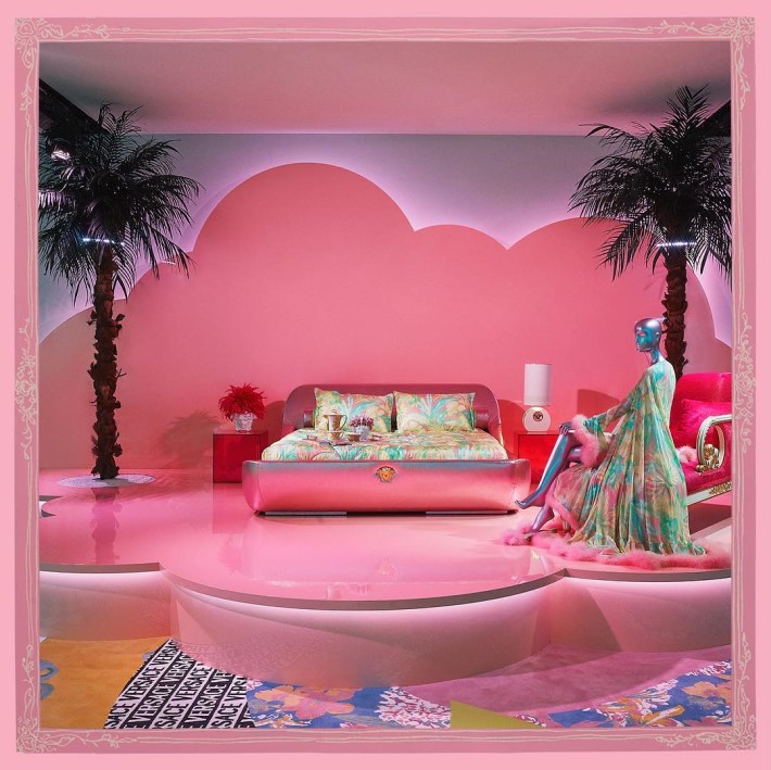 bedroom area at versace home collection launch during salone del mobile 2019 with sasha bikoff - camp and kitsch at home