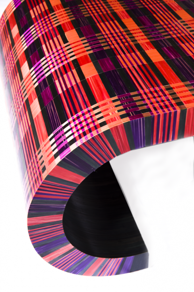 Straw Marquetry Table by Lison de Caunes - red and pink furniture