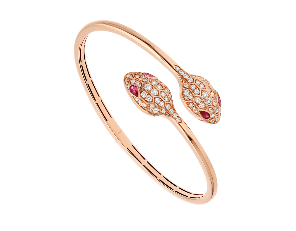 Fine Jewelry Bracelet by Bulgari Rose Gold Bracelet set with rubellite eyes and pavé diamonds