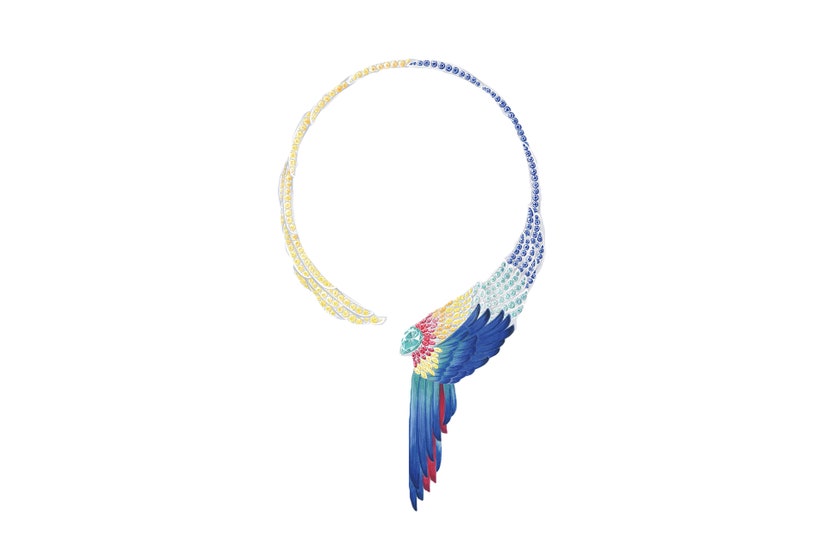 Dive into a world of enchantment and ecstatic delights with the
Magnificent Plumage necklace. 