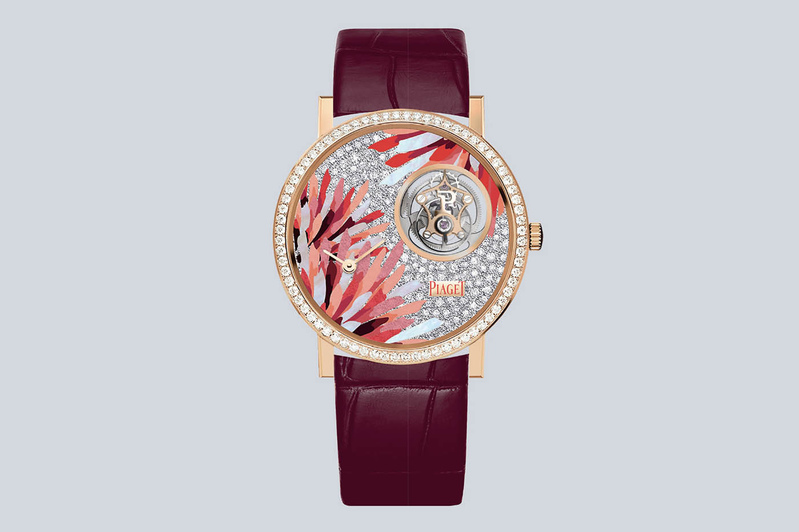 The marquetry and pave diamond-set dial of Piaget jewelry Rainbow Light Tourbillon watch wings of light