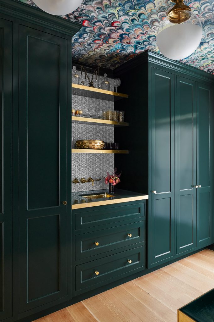 Alexandra Kaehler Luxury walk-in Pantry with custom green cabinets