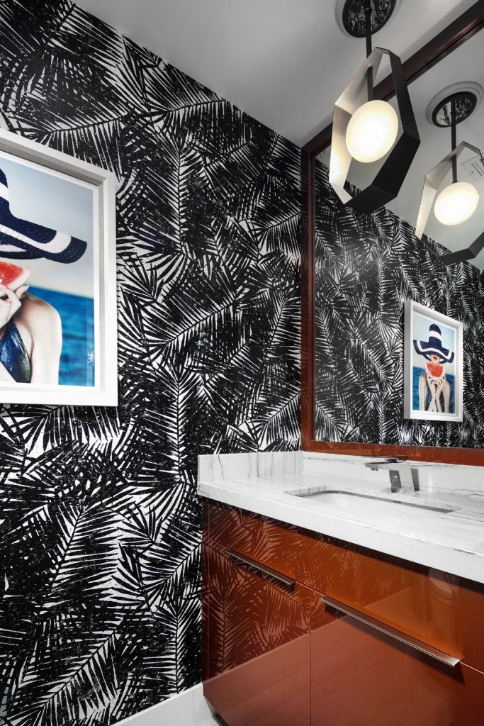 canyon gate vegas contemporary powder room with black and white tropical wallpaper by fabiola avelino