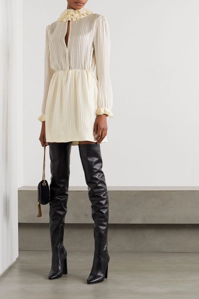 Saint Laurent Ruffled metallic striped silk-blend mini dress