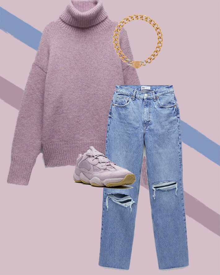 informal new year's eve looks - Knitted sweater by Zara, Jeans by Zara, Shoes by Adidas Yeezy, Necklace by Versace 