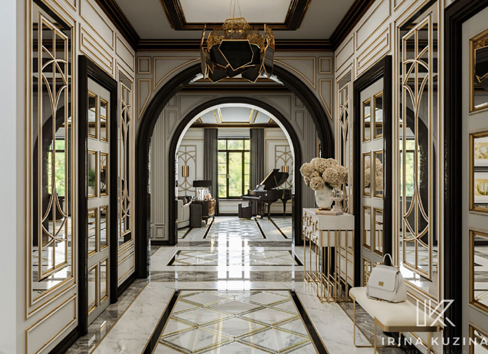 Irina Kuzina Hallway with black lighting hypnotic chandelier by koket