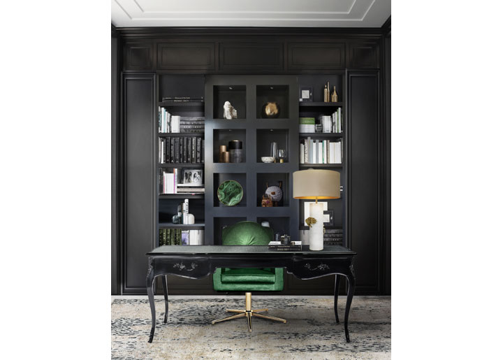 black office interiors with emerald green desk chair accent koket