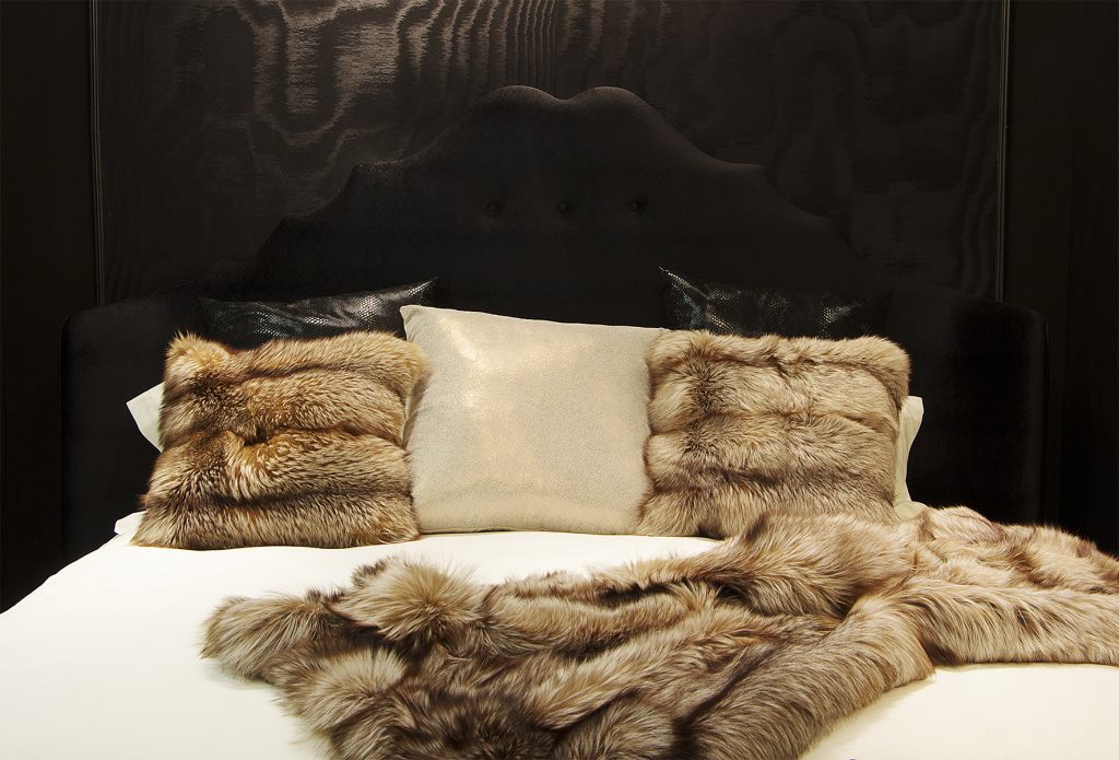 black bedroom fur pillows and throw koket