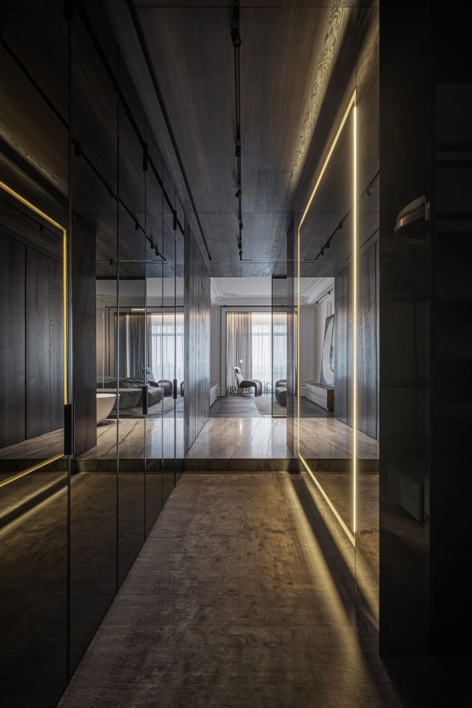 master bedroom hallway with graphite glass and lighting