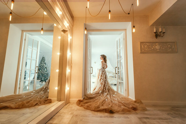 Champagne Dress With White Floral 3d Lace Julia Miren Dresses