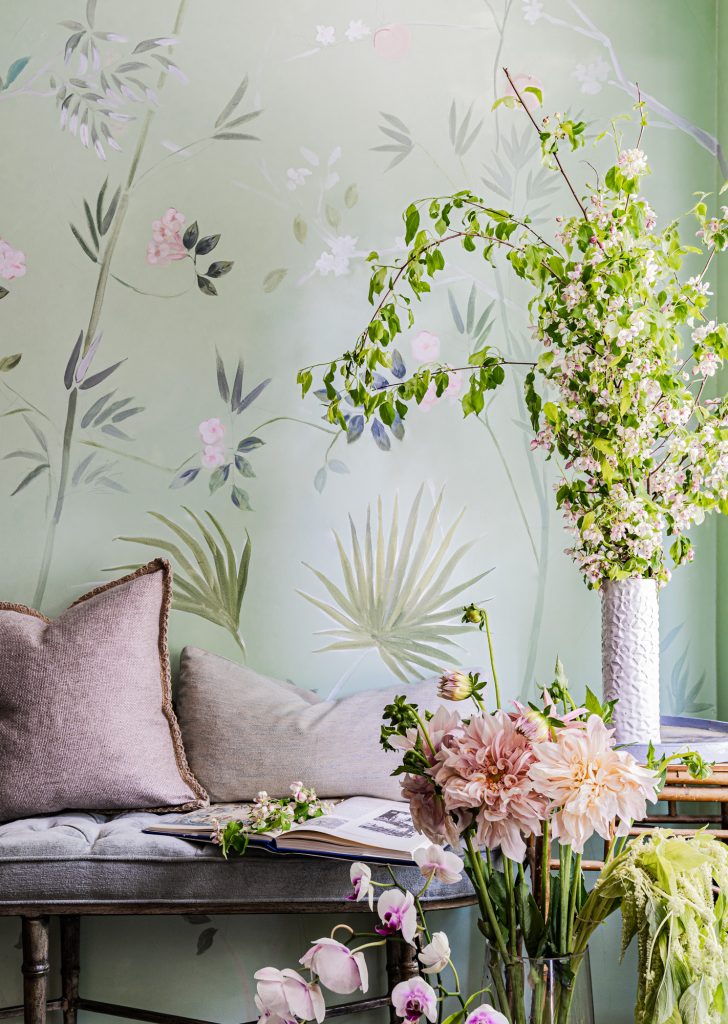 Handpainted bespoke mural by Cecelia Claire palm leaves green nature inspired