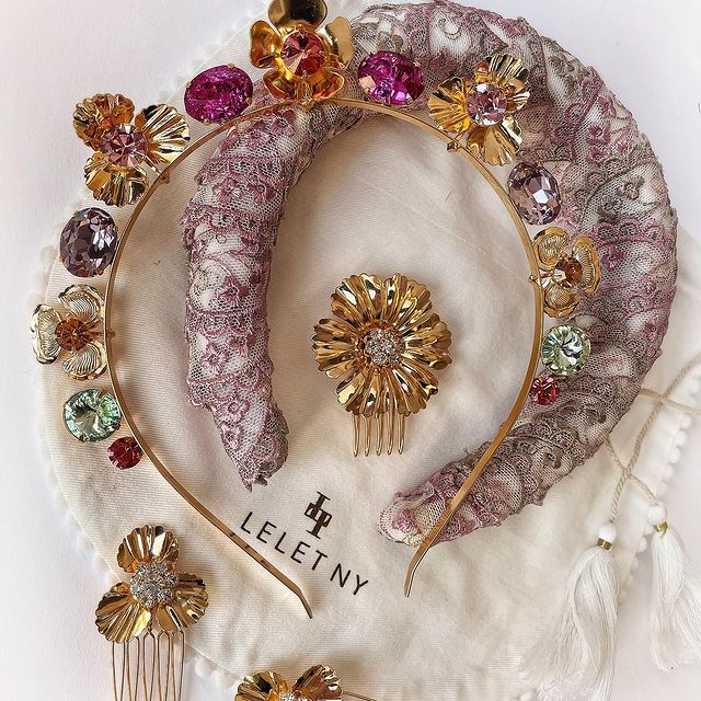 lelet NY spring 2021 luxury hair accessory brand - gem headband lace floral hair clips