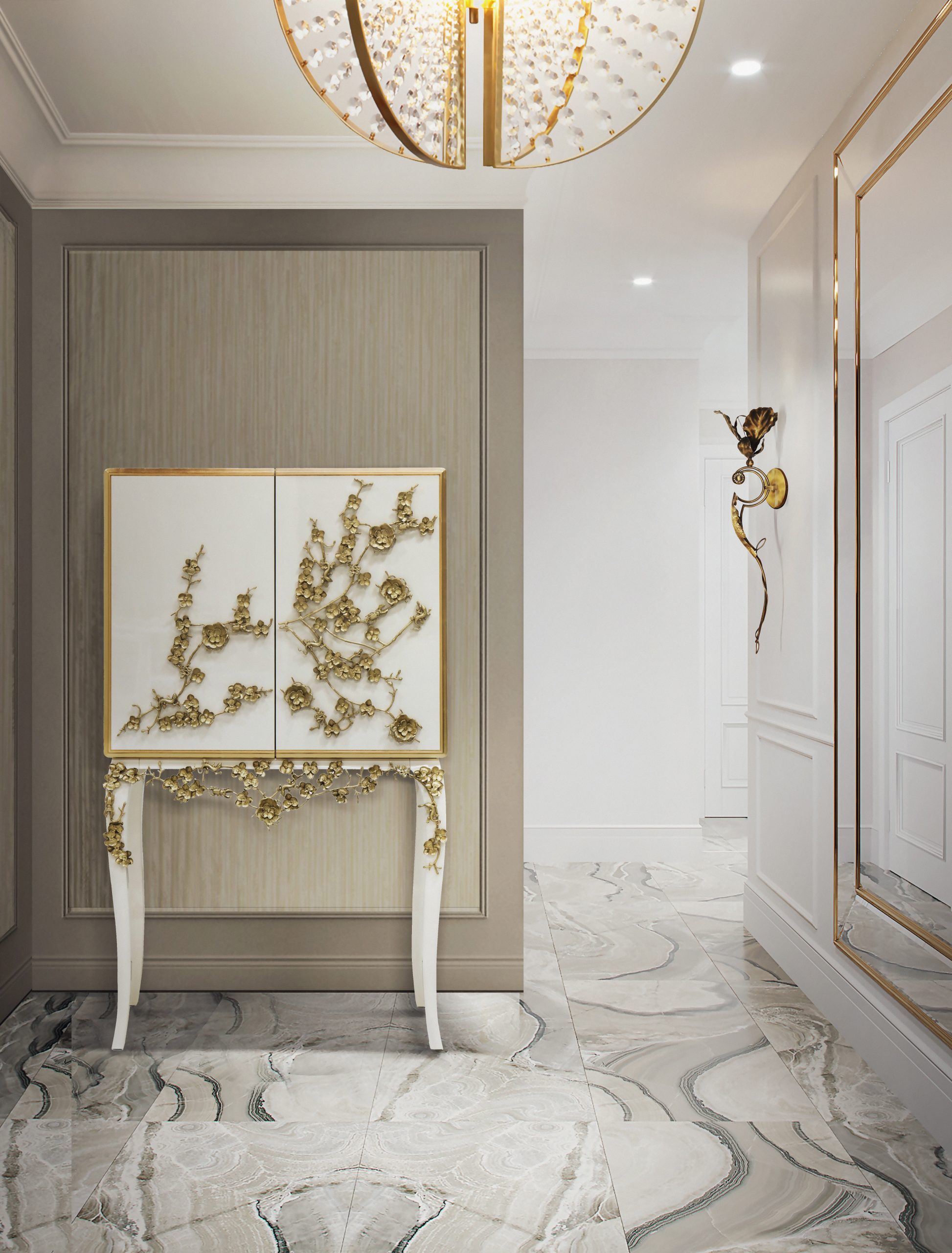 spellbound bar cabinet with floral details by koket and flora sconce