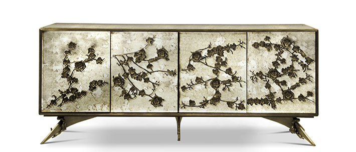Spellbound Cabinet by KOKET antique mirror nature inspired brass flowers sideboard