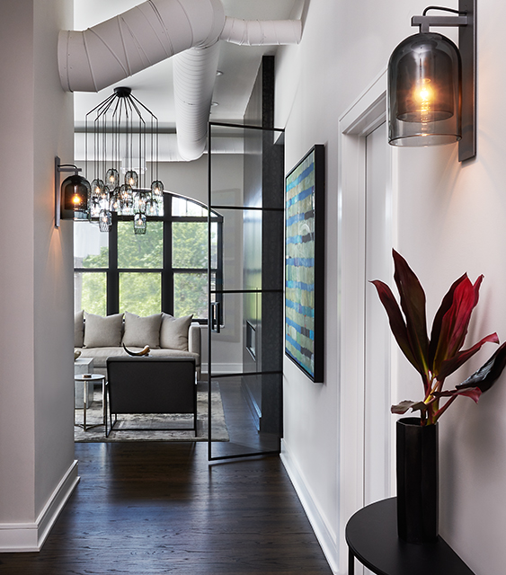 modern contemporary hall entry foyer living room interior design in black, white and gray