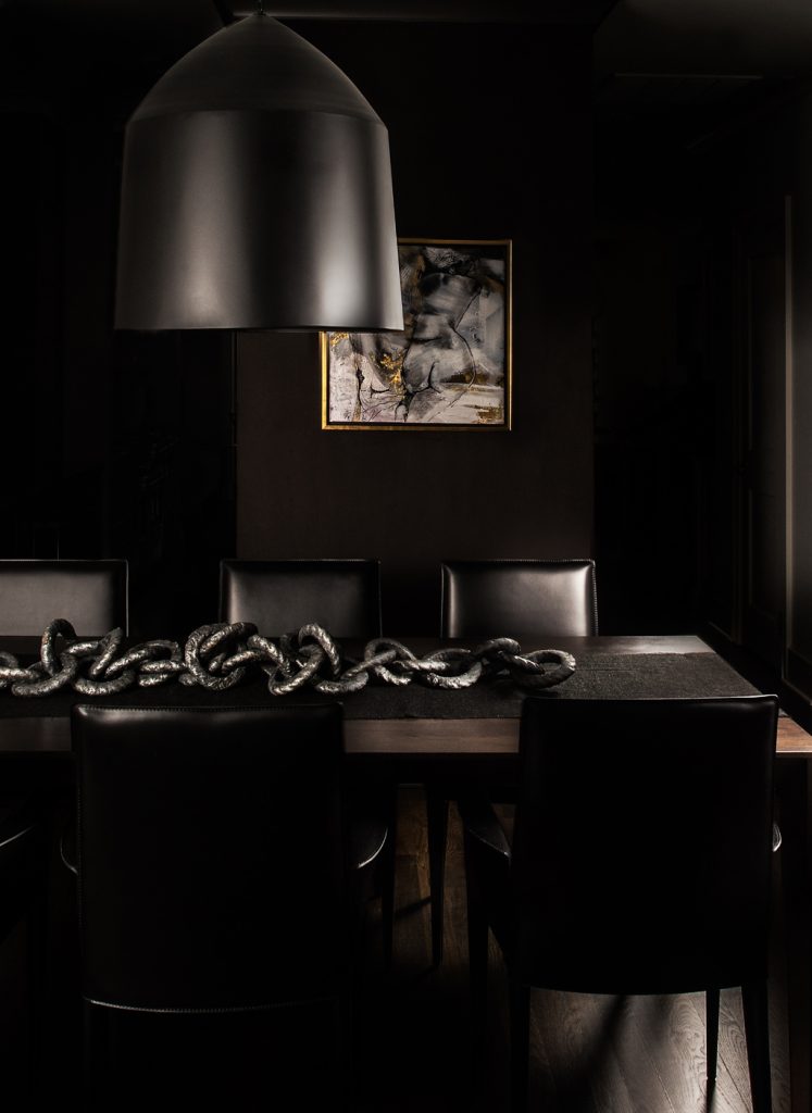 black dining room glamourous interior design by brianne bishop chicago modern luxury magazine cover