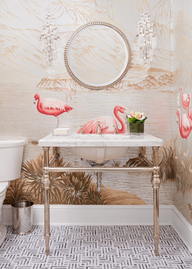 flamingo wallpaper in powder room