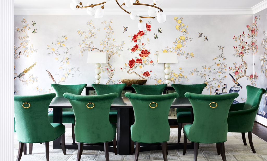 jennifer welch dining room green chairs floral wallpaper