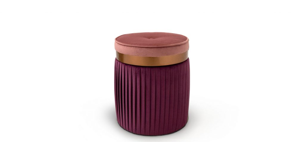 pouf round stool with rouched pleated velvet and brass accent koket