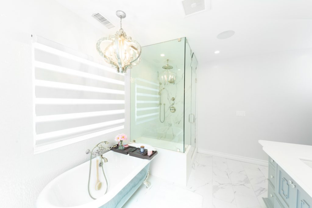 white glamorous bathroom with glass shower