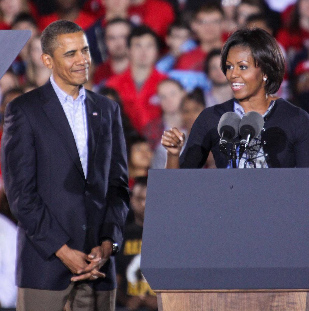 Michelle and Barack Obama at OSU Rally in Columbus, Ohio, 2010. (Photo by Adam Schweigert via Flickr)