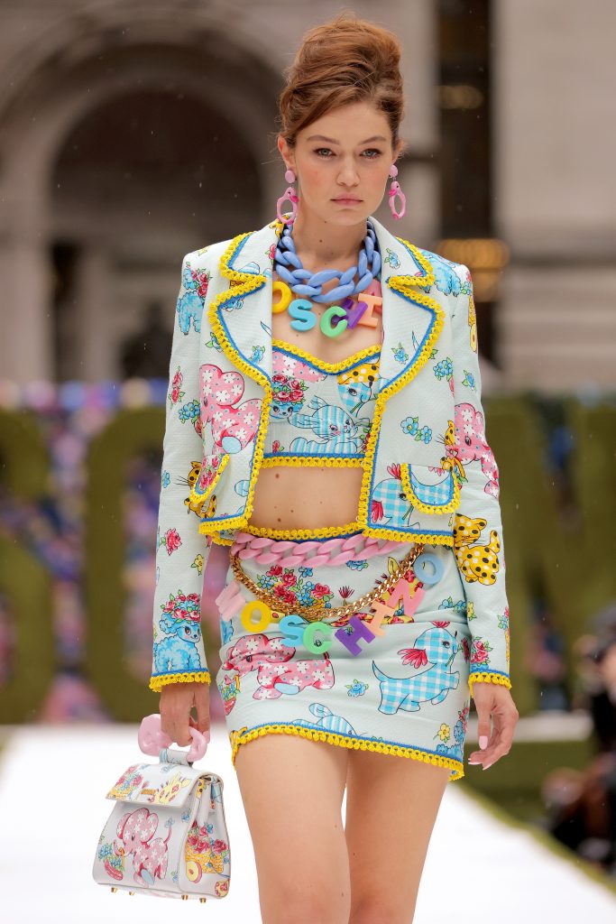 Gigi Hadid at the Moschino SS22 show on September 09, 2021, in New York City. (Photo by Randy Brooke/Getty Images for Moschino SS22 show )