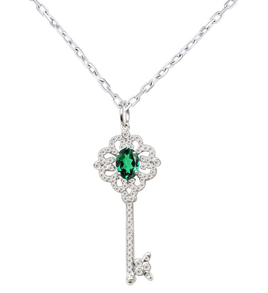 silver diamond emerald key necklace