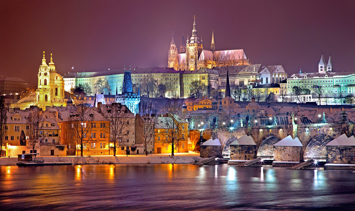 best holiday destinations Night Snow Prague Castle Winter Prague