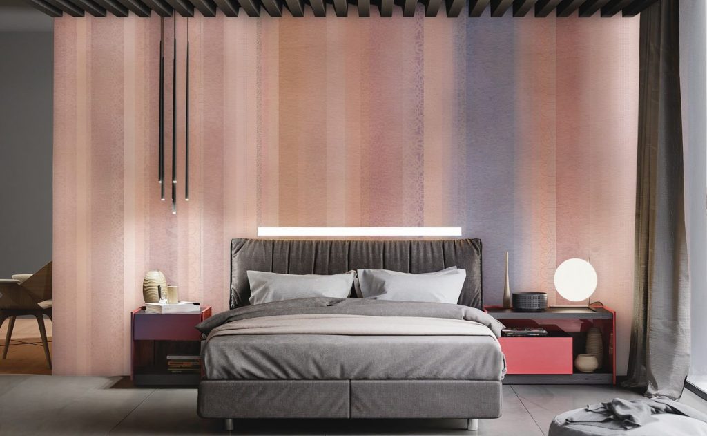 striped ombre wallpaper in bedroom