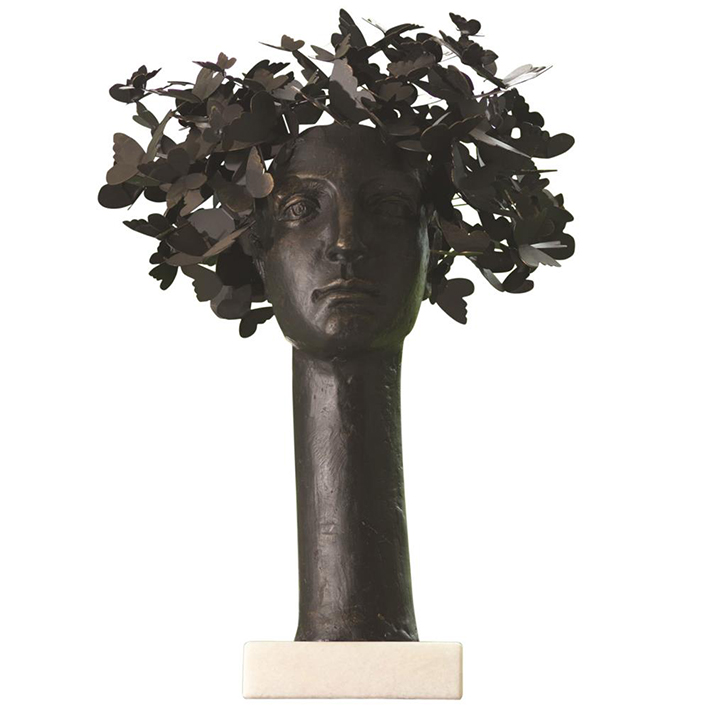 Beatrix Modern Classic Butterflies Head Sculpture by Kathy Kuo Home, Black Iron on Marble Base