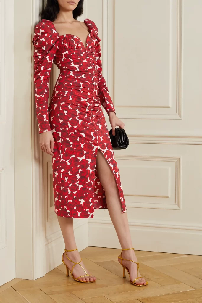 Carolina Herrera Ruched floral-print stretch-cotton poplin midi dress (Photo via NET-A-PORTER)
