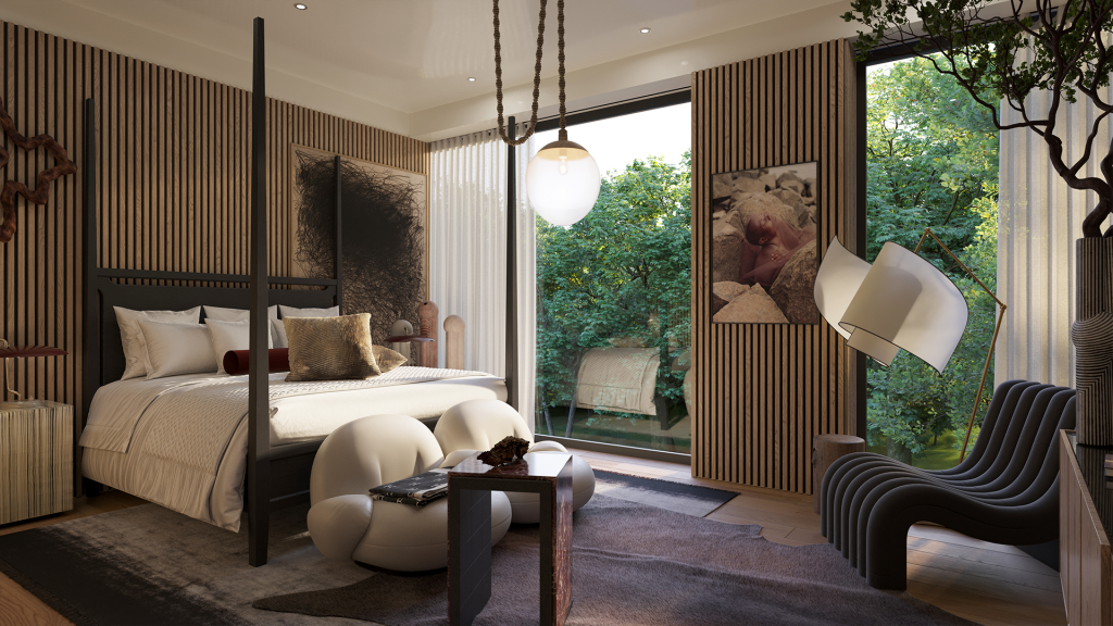 Bedroom design by Andre’ for The Iconic Home by Architectural
Digest & Black Interior Designers Network, 3D Visual by The Boundary